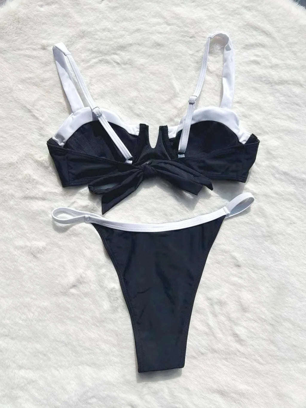 Women's low waist black bikini swimsuit with stitching split detail