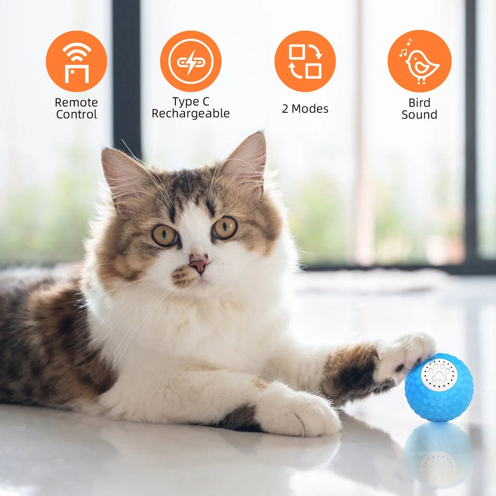 Smart cat ball toy with remote control in blue, green, or yellow colours