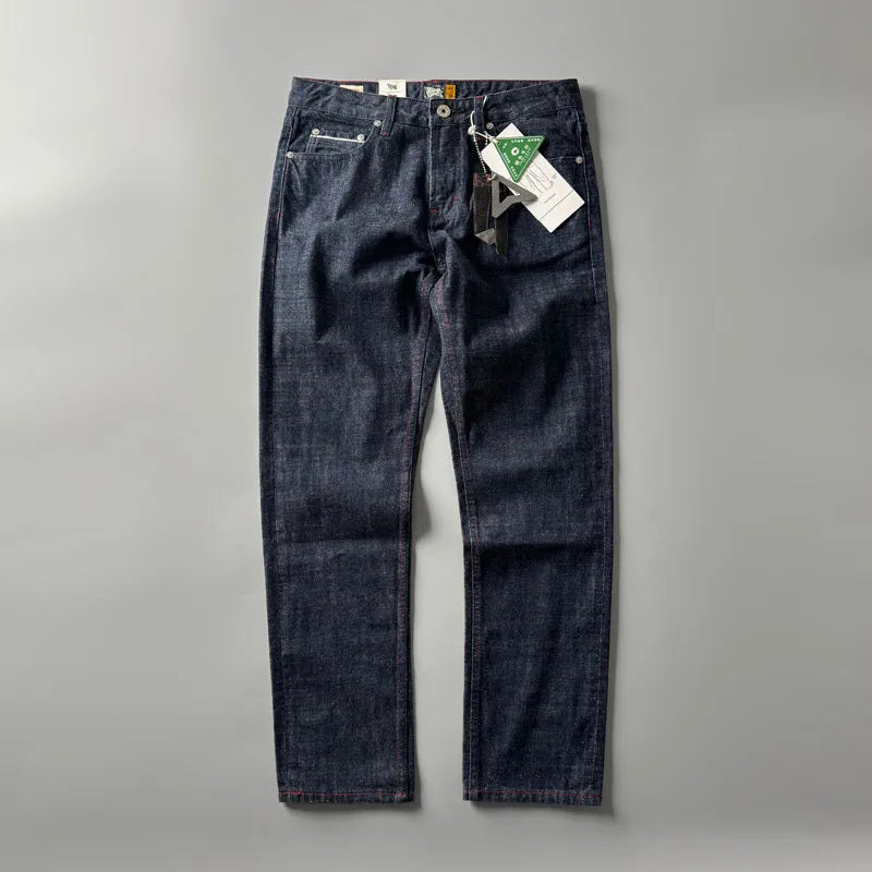 Men's primary colour straight-leg denim jeans with a mid-waist retro style on a white background.