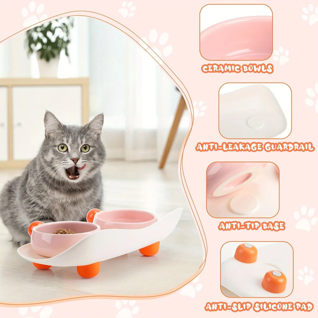 Ceramic raised pet bowl set with two bowls on non-slip base for cat food and water