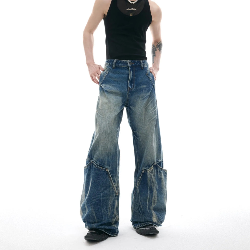 Men's verdant blue jeans with retro washed burst pattern and curved knife design in loose fit