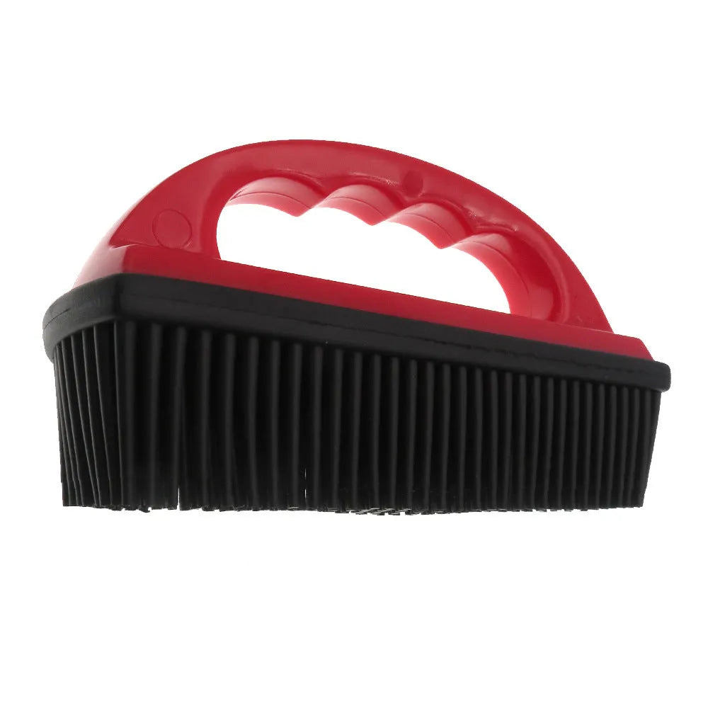 Red pet hair removal brush with rectangular rubber bristle head for grooming and carpet cleaning