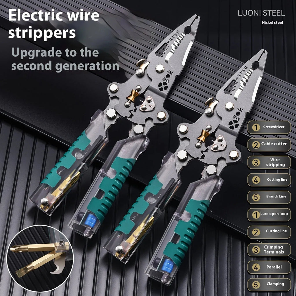 Electricians' pointed nose wire stripper pliers with rust prevention coating showing cutting edges