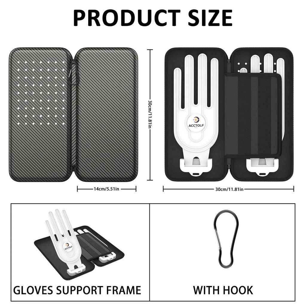 Silver grey fabric golf glove storage bag for two pairs, shown with two metal marking brackets.