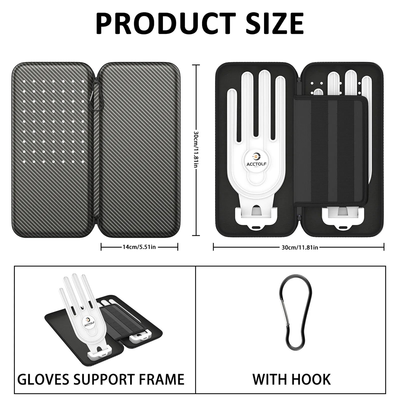 Silver grey fabric golf glove storage bag for two pairs, shown with two metal marking brackets.
