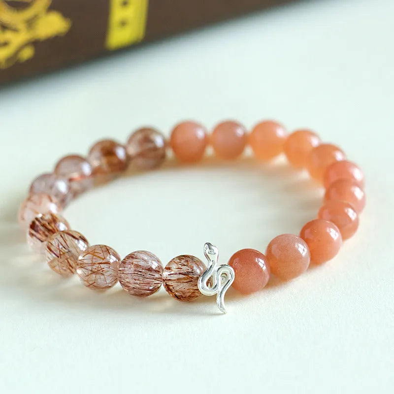 925 silver snake beaded couple bracelet with natural sunstone and black crystal beads on unisex chain