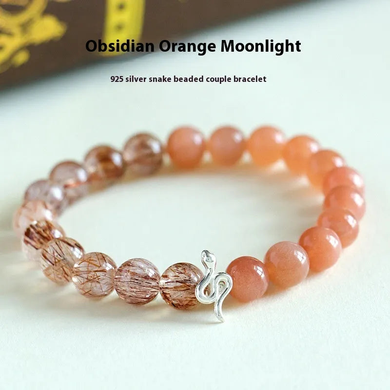 925 silver snake beaded couple bracelet with natural sunstone and black crystal beads on unisex chain