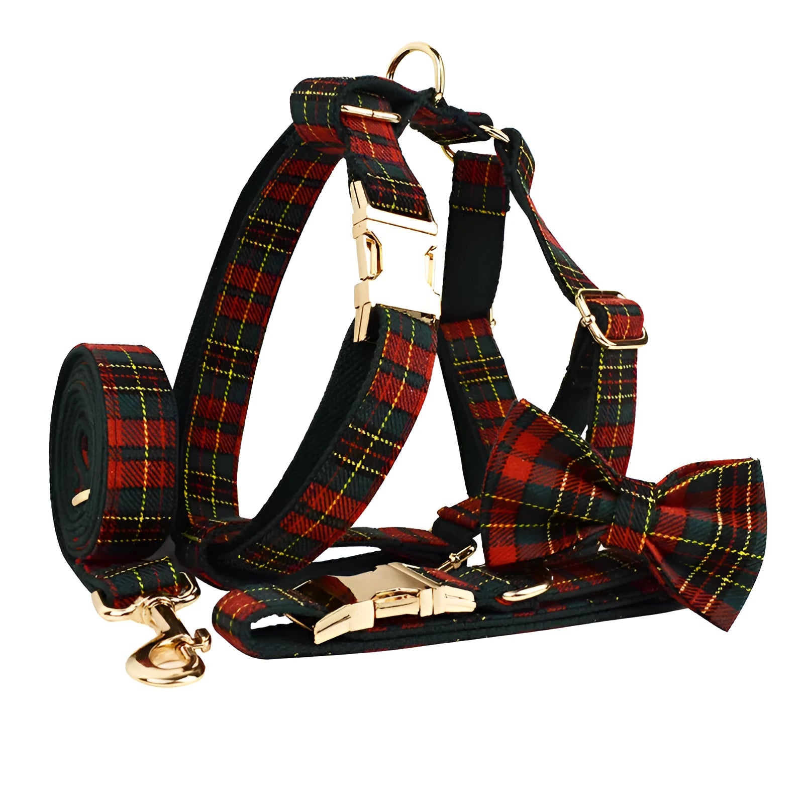Christmas plaid green dog collar set with leash bow and vest on a festive background