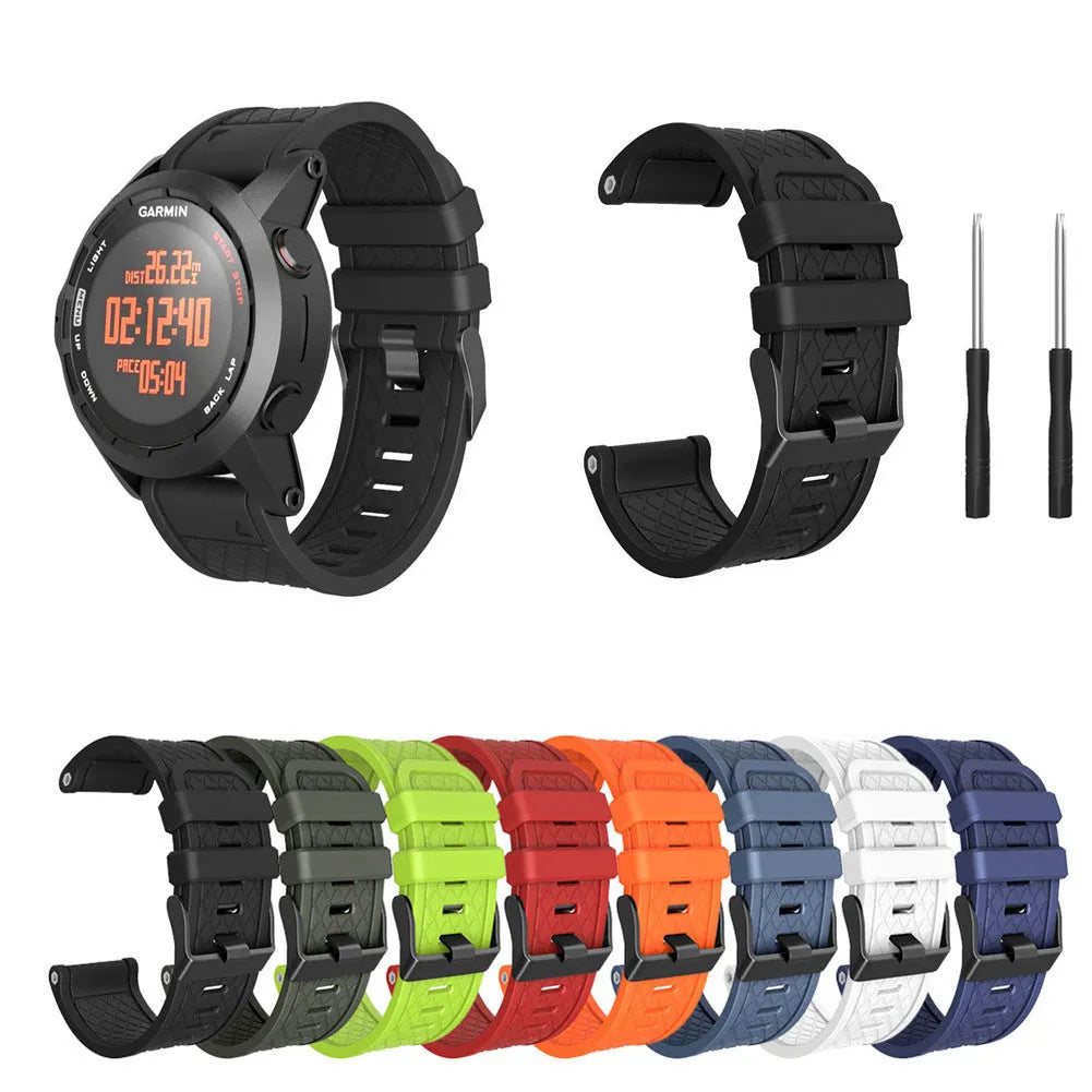 26mm silicone watch strap for Jiaming watches with black stainless steel clasp in multiple colours.