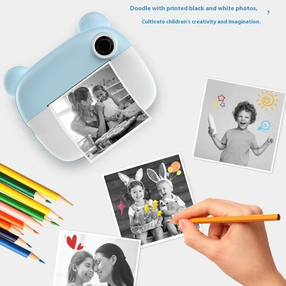 A pink children's SLR-style toy camera with a double lens on a white background.