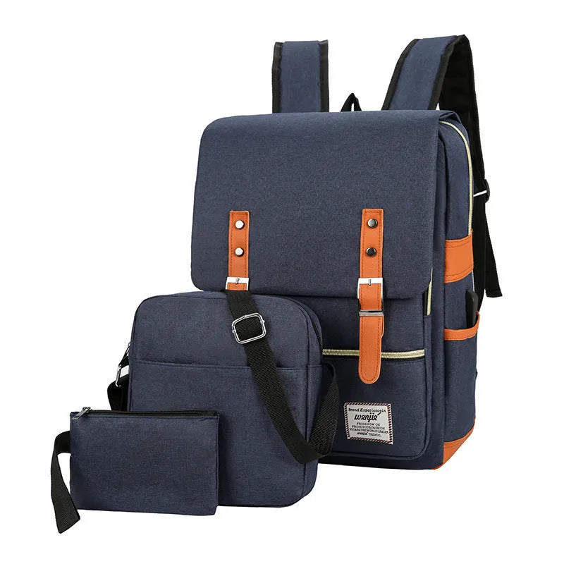 Three-piece business computer backpack in Oxford cloth with curved shoulder straps and multiple compartments