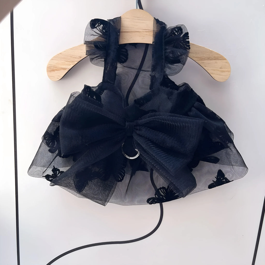Black gauze tulle skirt pet costume for small to medium dogs and cats on a mannequin.