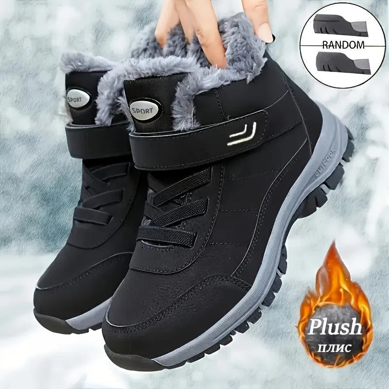 High-top outdoor snow boots with thick PVC sole, artificial PU upper, and stitching details, available in multiple colours