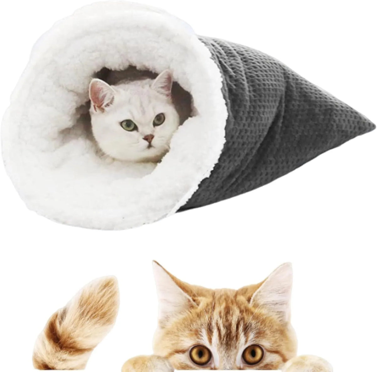 Gray cat winter sleeping bag with semi-enclosed cave design and crinkle sack for cats up to 6 kg