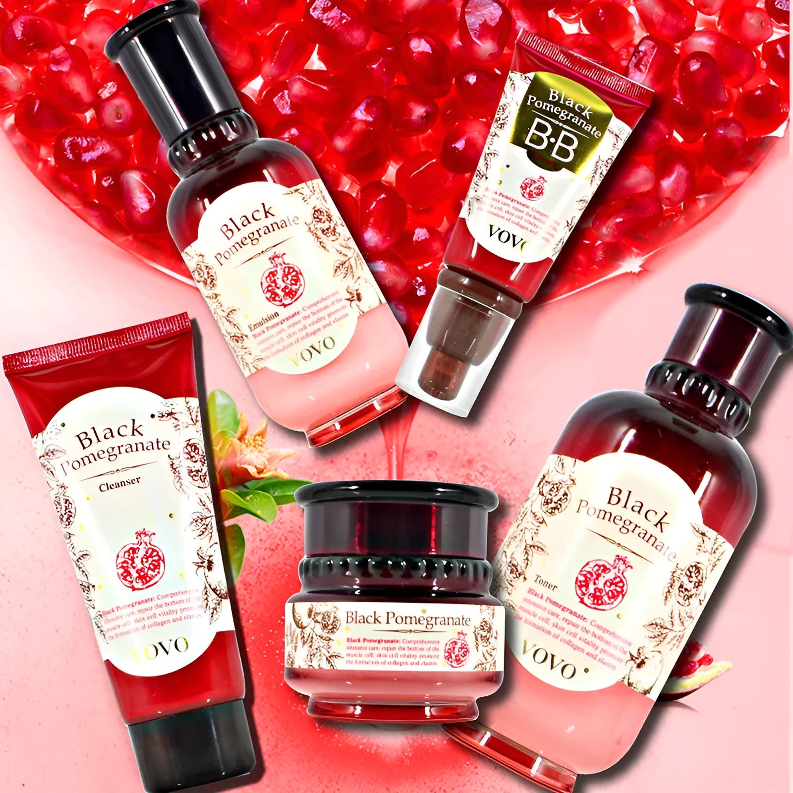 Complete pomegranate skin care set showing cleanser, water, milk, essence, cream, and eye cream products