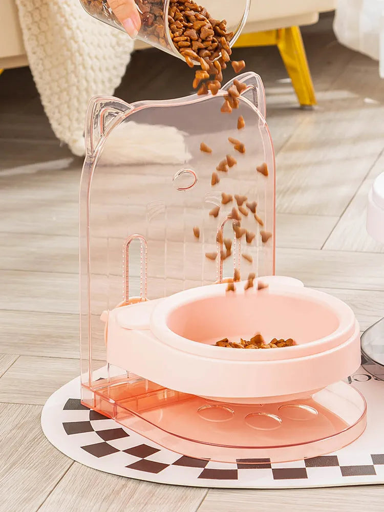 Grey adjustable cat feeding bowl with removable anti-spill ears and hanging cage