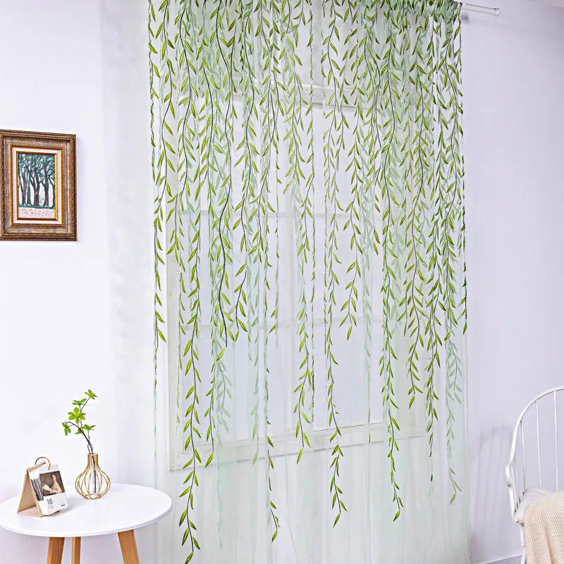 Inverted willow wicker pattern offset print curtain panel in green on white background