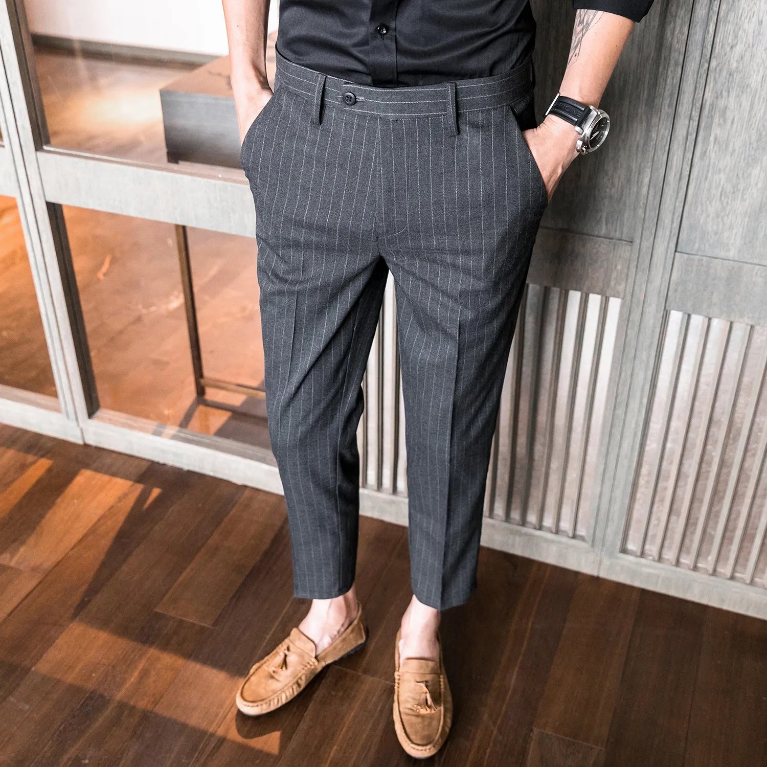 Slim-fit Korean-style youth business suit pants in light gray, straight-leg polyester blend with micro-elastic fabric