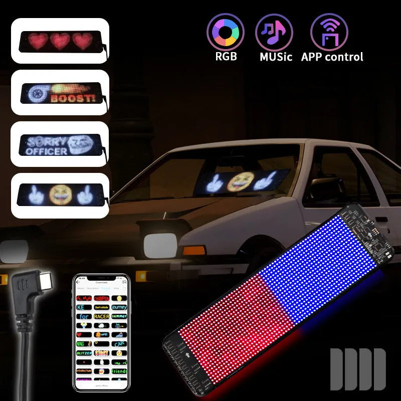 Flexible black Bluetooth LED screen for car rear windshield display, showing dimensions 49.2 x 110 cm.