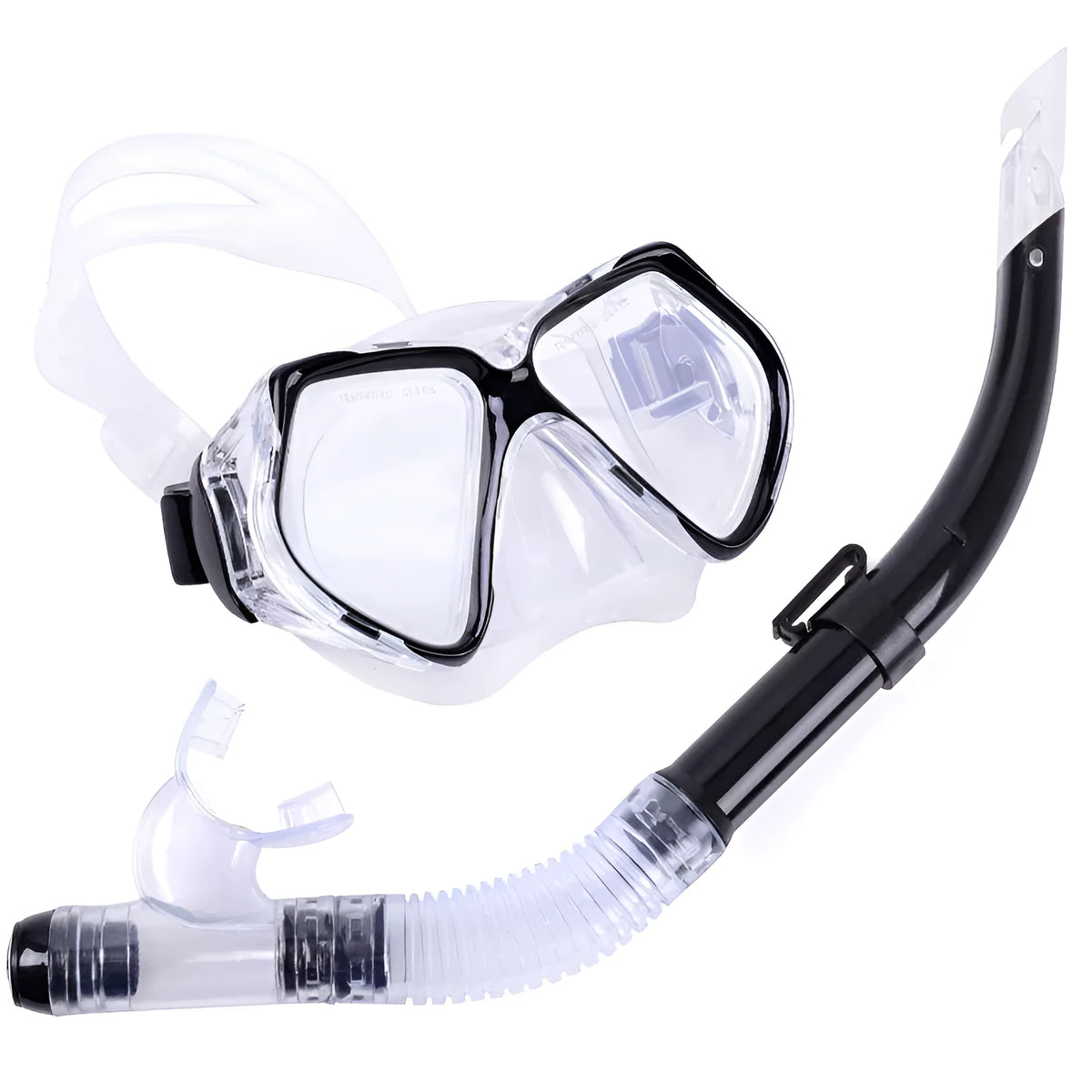 Semi-dry snorkel diving mask set with PVC frame, shown in pink, black, blue, green or yellow
