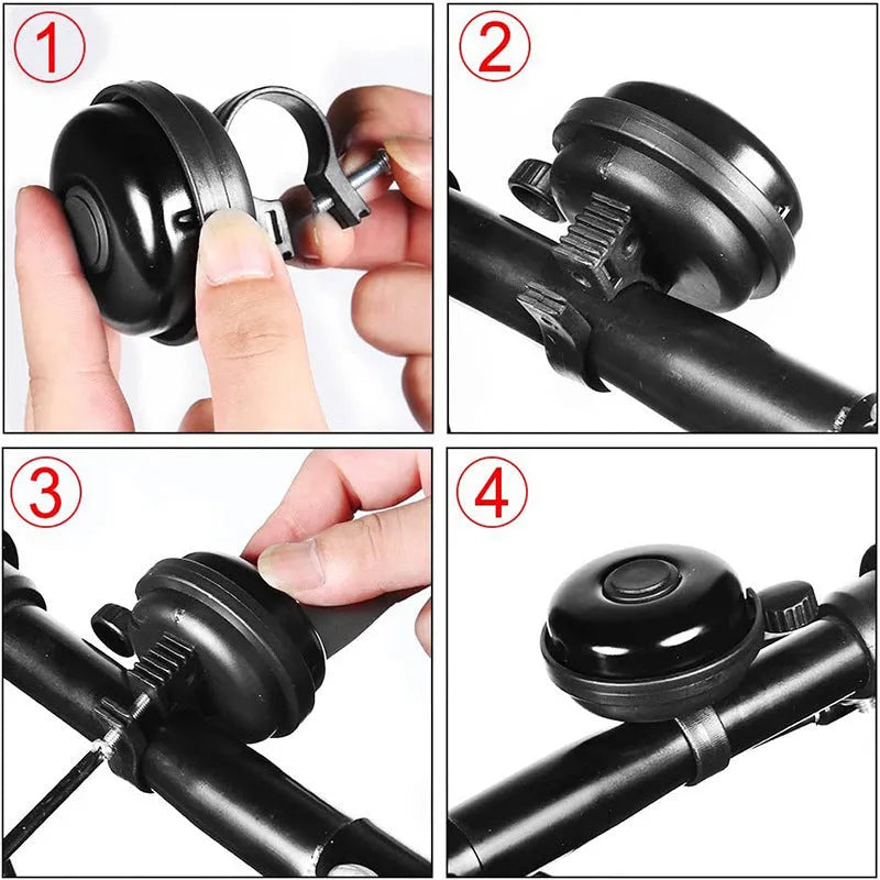 Black 58mm bicycle bell with mountain bike mounting fixture for handlebars