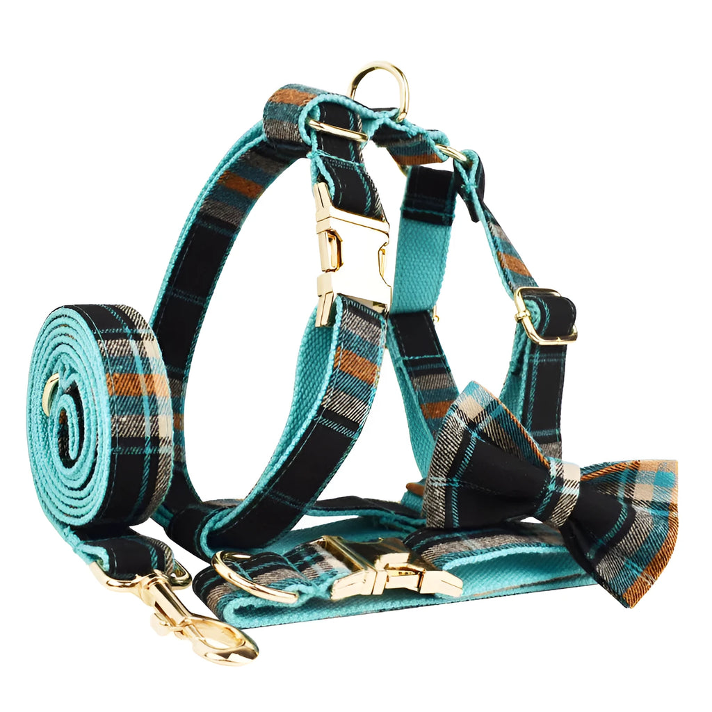 Green retro fabric dog collar, leash, harness, and bow tie four-piece set for pets