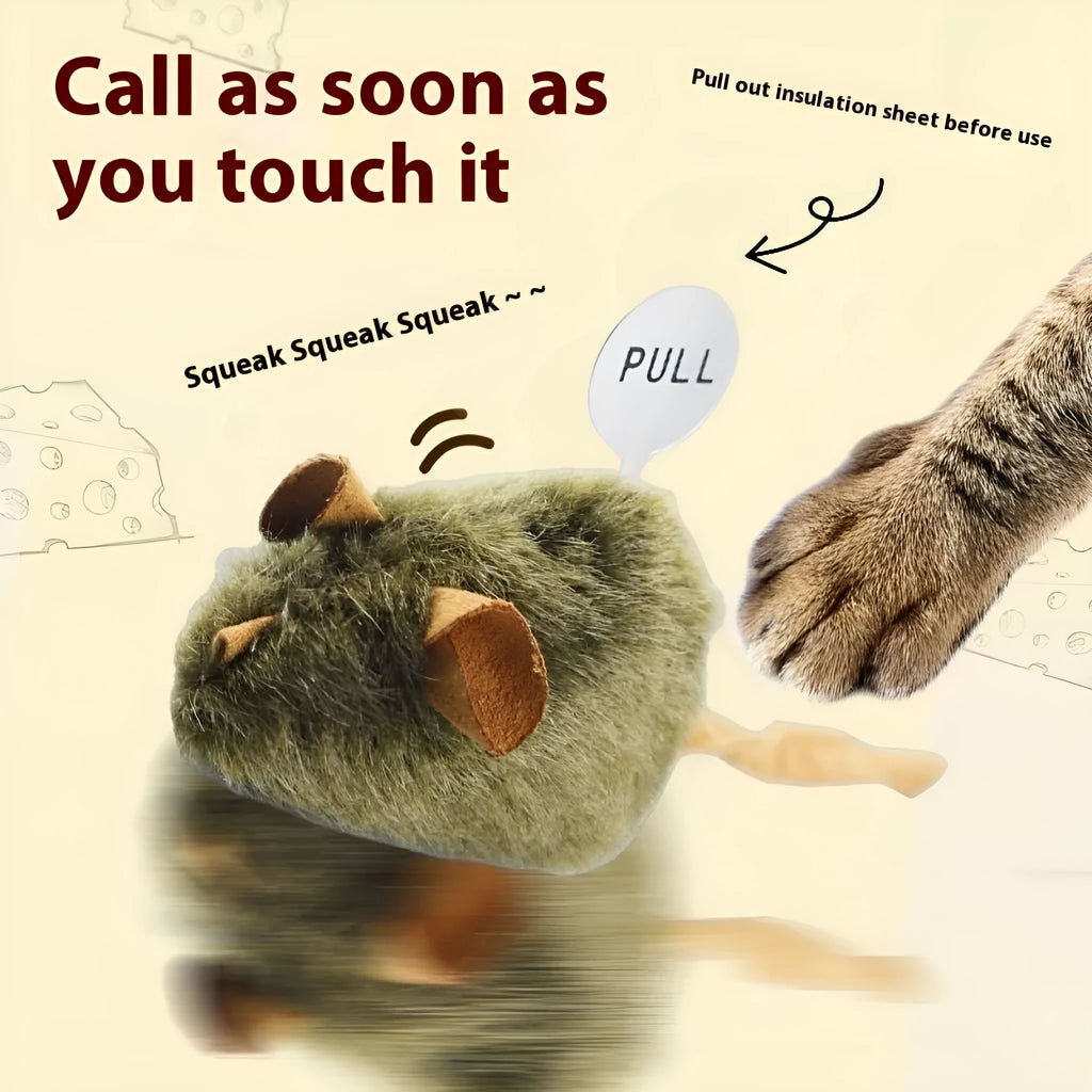 Plush cat toy simulated sound mouse with grey fur and pink nose on white background