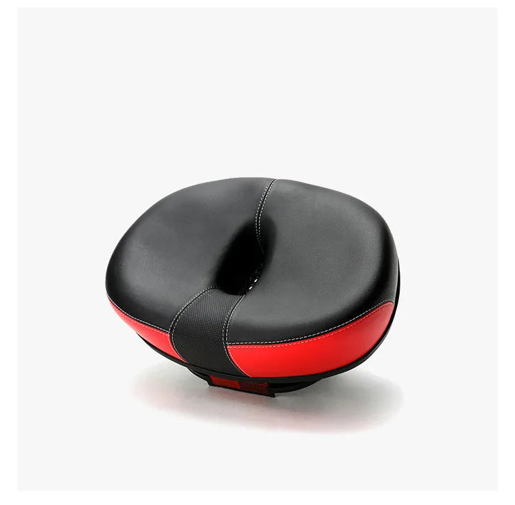 Large thickened bicycle saddle in red, grey, or light brown with reflective stickers.
