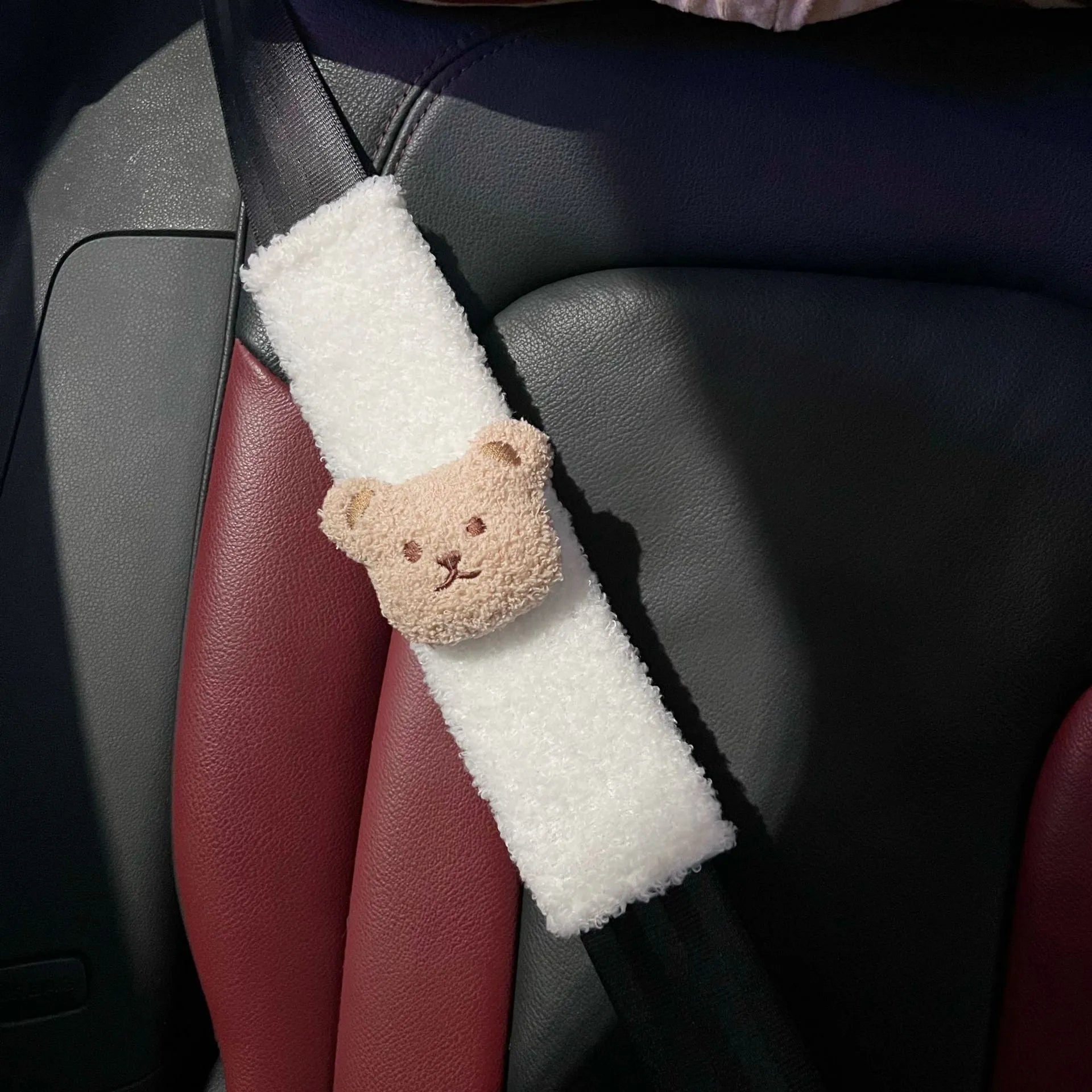 Khaki cartoon bear plush seat belt cover protector for baby car seat safety