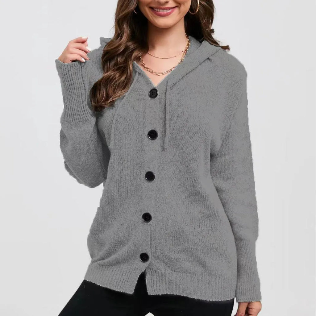 Women's thick cotton hooded cardigan sweater in army green colour showing loose fit and single-breasted design