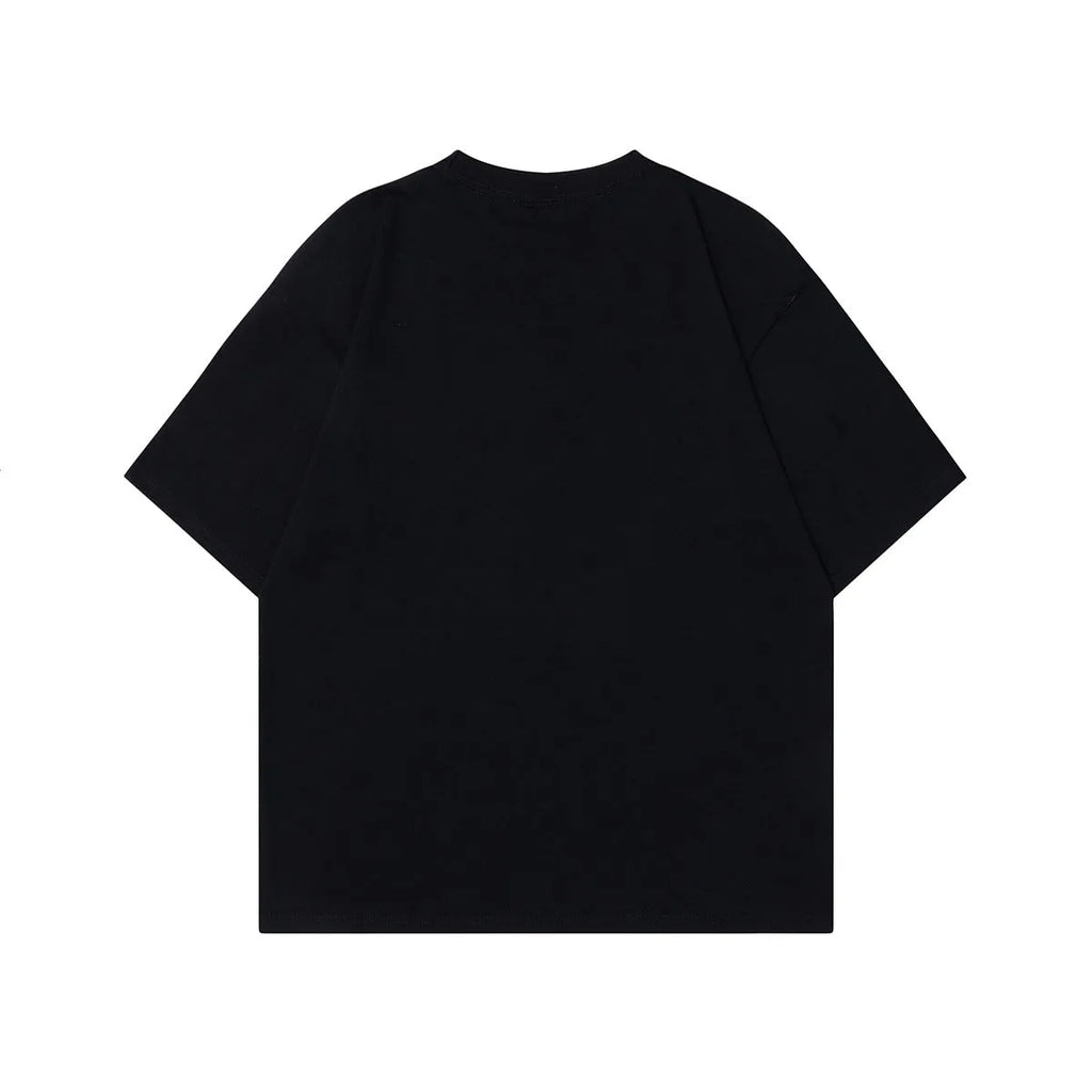 Men's grey loose-fit t-shirt featuring a retro character print design on the front.