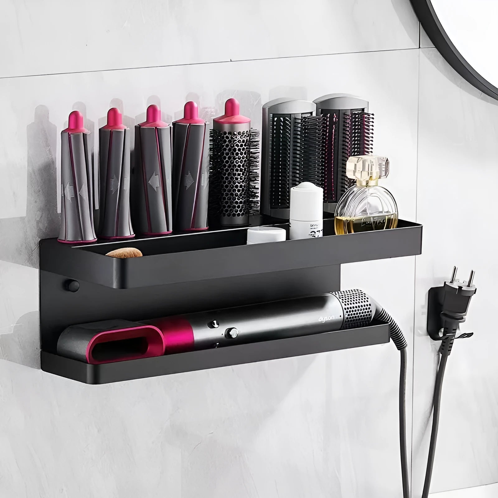 White punch-free dual-layer bathroom storage rack for Marcel wavers and hair curlers