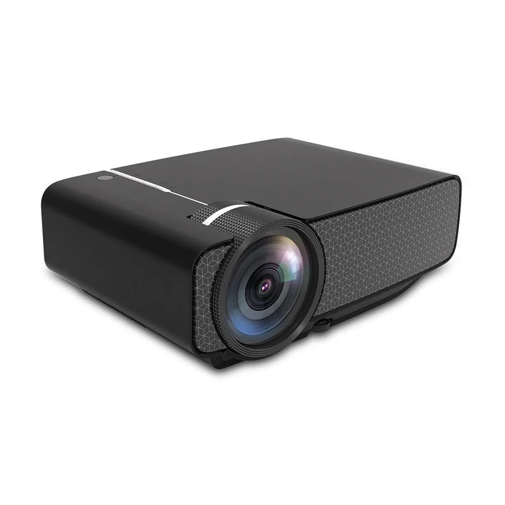 YG400 black HD LED home projector on a table with a large projected movie scene