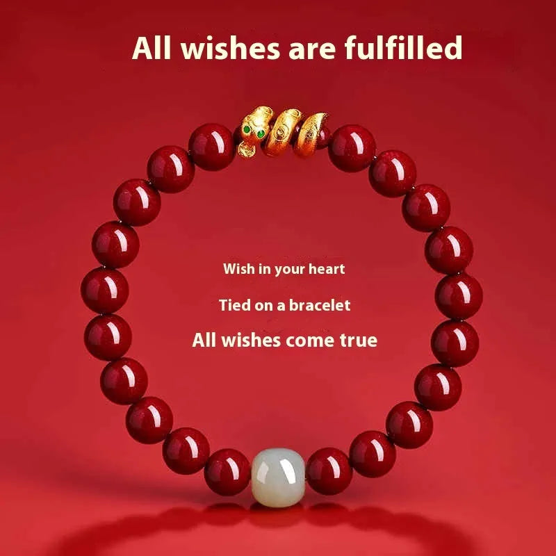 Handmade cinnabar Snake Year bracelet with Chinese zodiac design and roll snake beads.