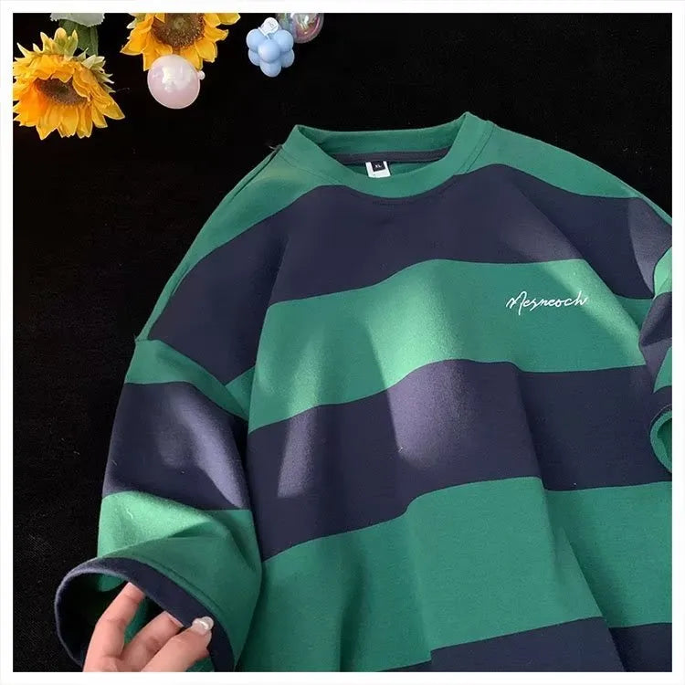 Striped half sleeve shirt in green and white, Japanese-style pullover with loose fit for men.