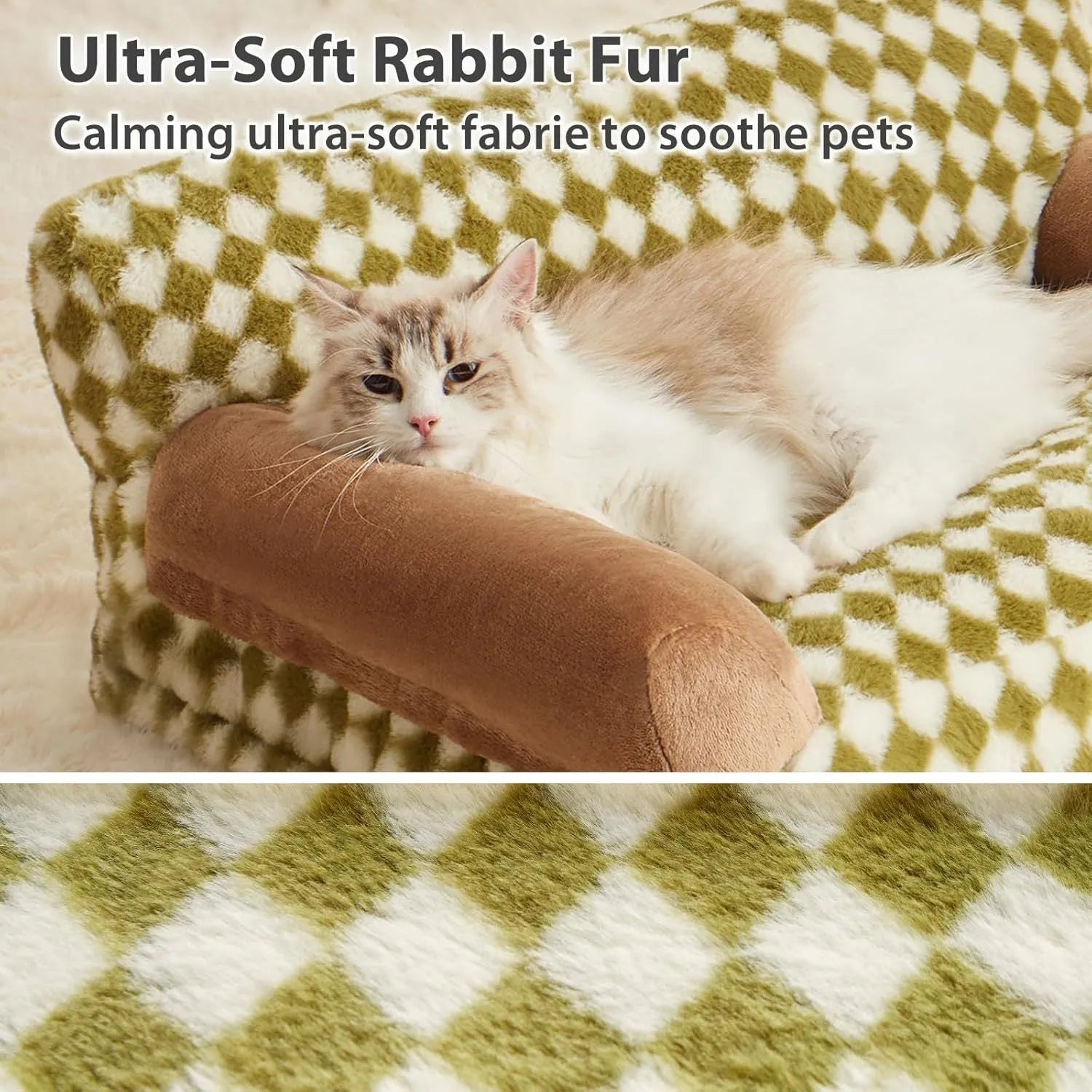 Pet couch bed for small dogs and cats with checkered pattern and non-slip bottom, white and grey, in a living room