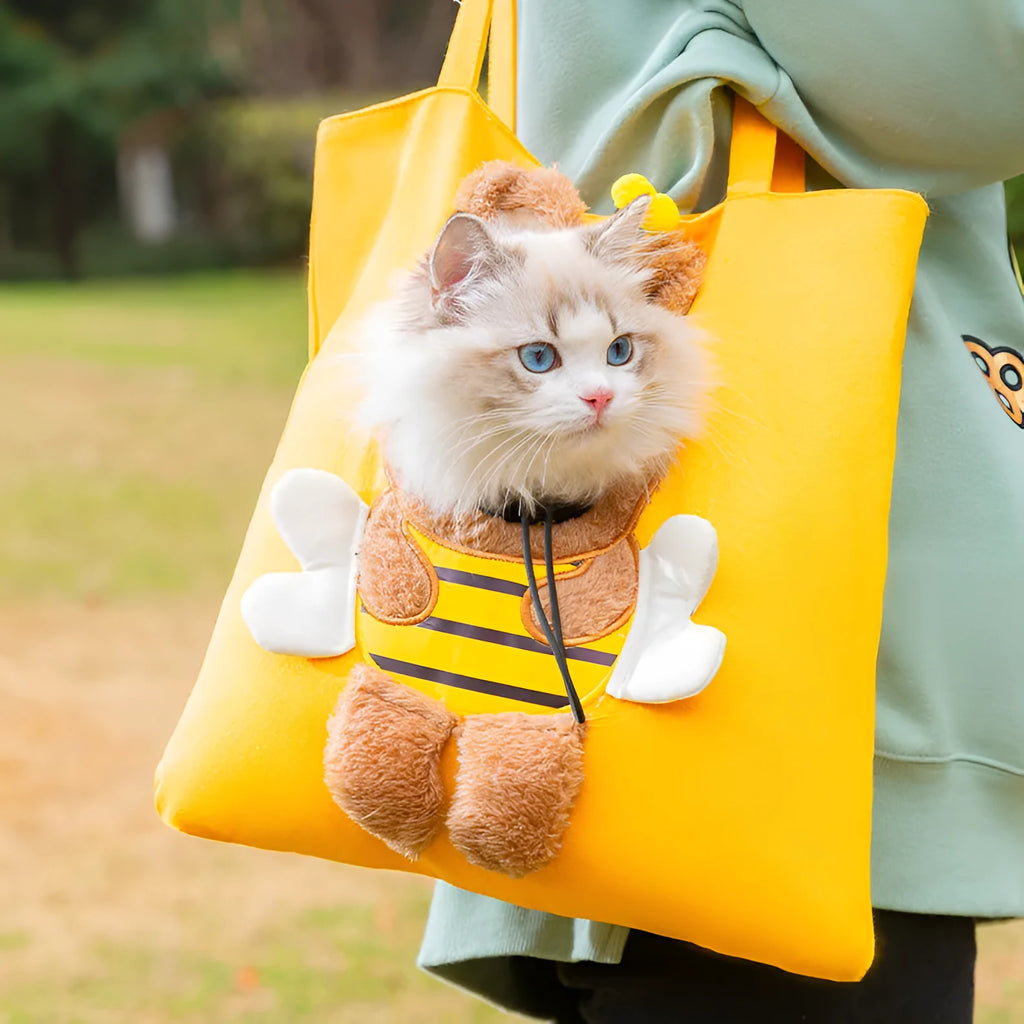 Canvas pet shoulder bag with cartoon bee design, medium soft, large 38x38cm for small dogs and cats