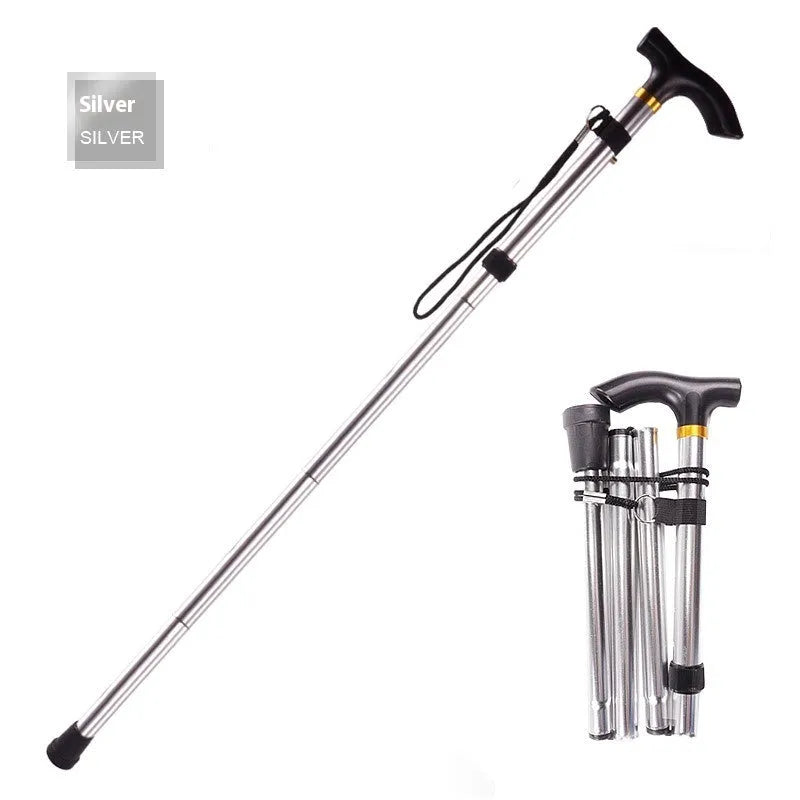 Aluminium folding walking stick with adjustable length and non-slip handle in six colour options