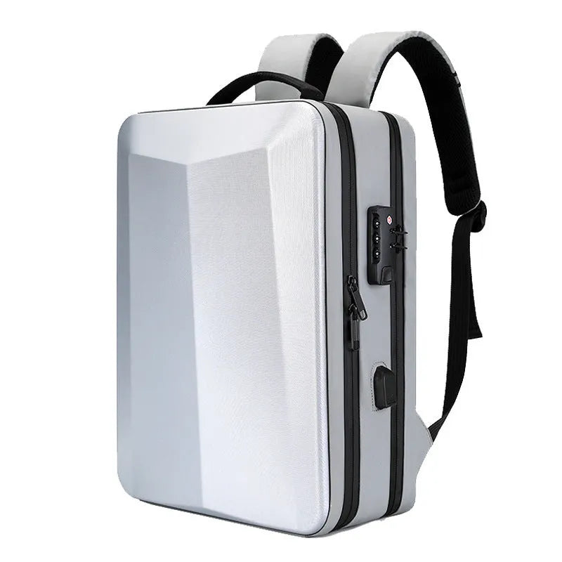 Men's black and silver white business backpack in ABS PC and Oxford cloth with curved shoulder straps
