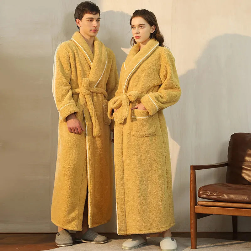 Heavy flannel couple's bathrobe in winter colours with extended sizing options
