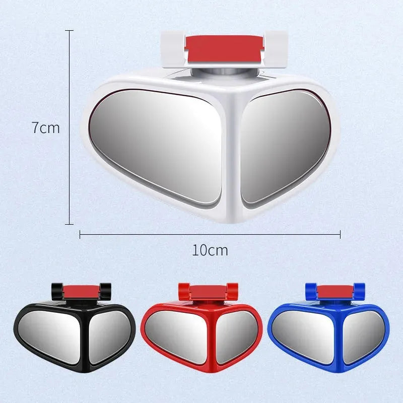 A pair of small, round, adjustable wide-angle car auxiliary mirrors on a black ABS plastic shell.