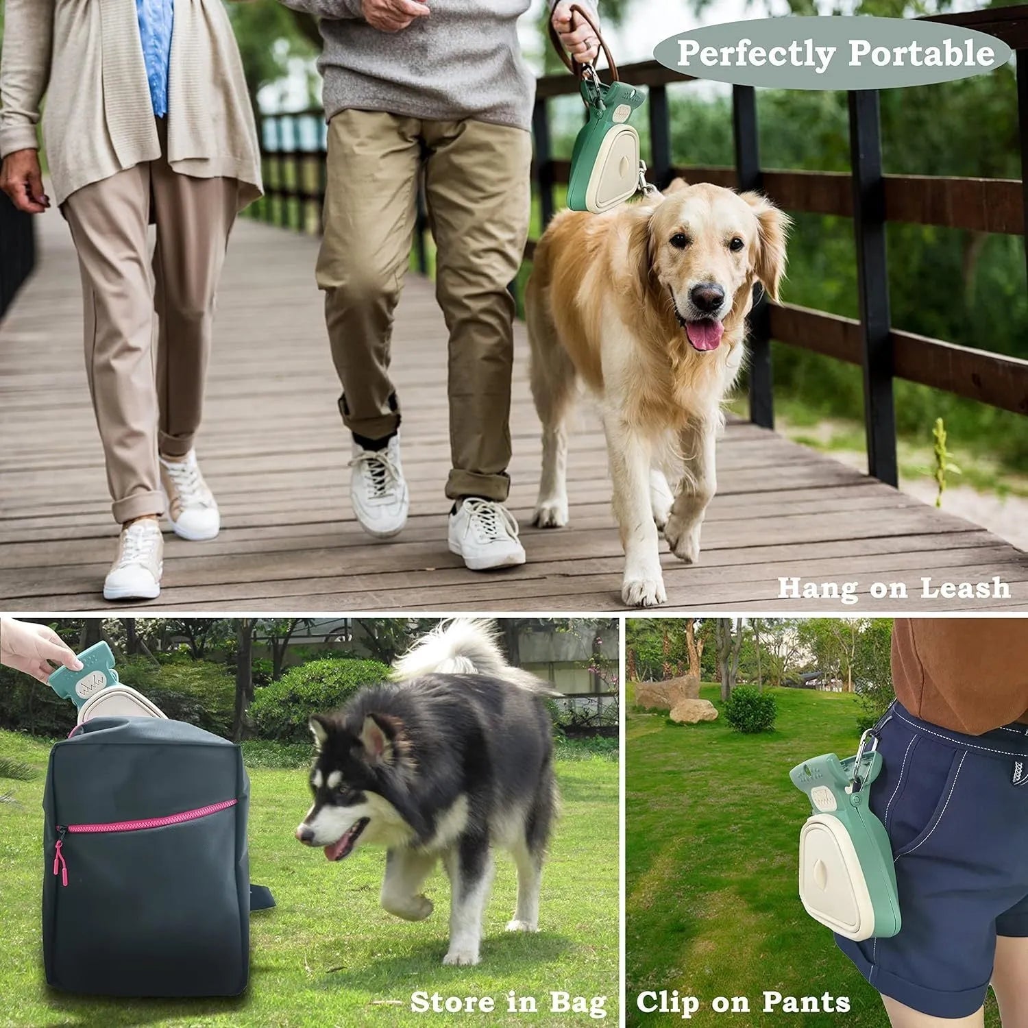 Blue portable dog pooper scooper with carabiner clip, expanded waste container, and bag dispenser.