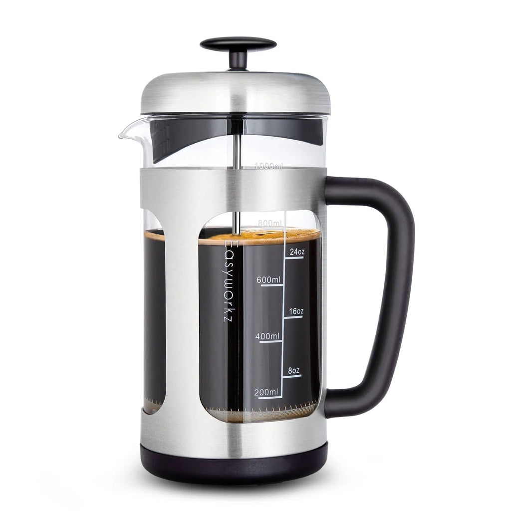 1000ml glass French press coffee maker with brewing filter and tea infuser, shown in black or light gray.