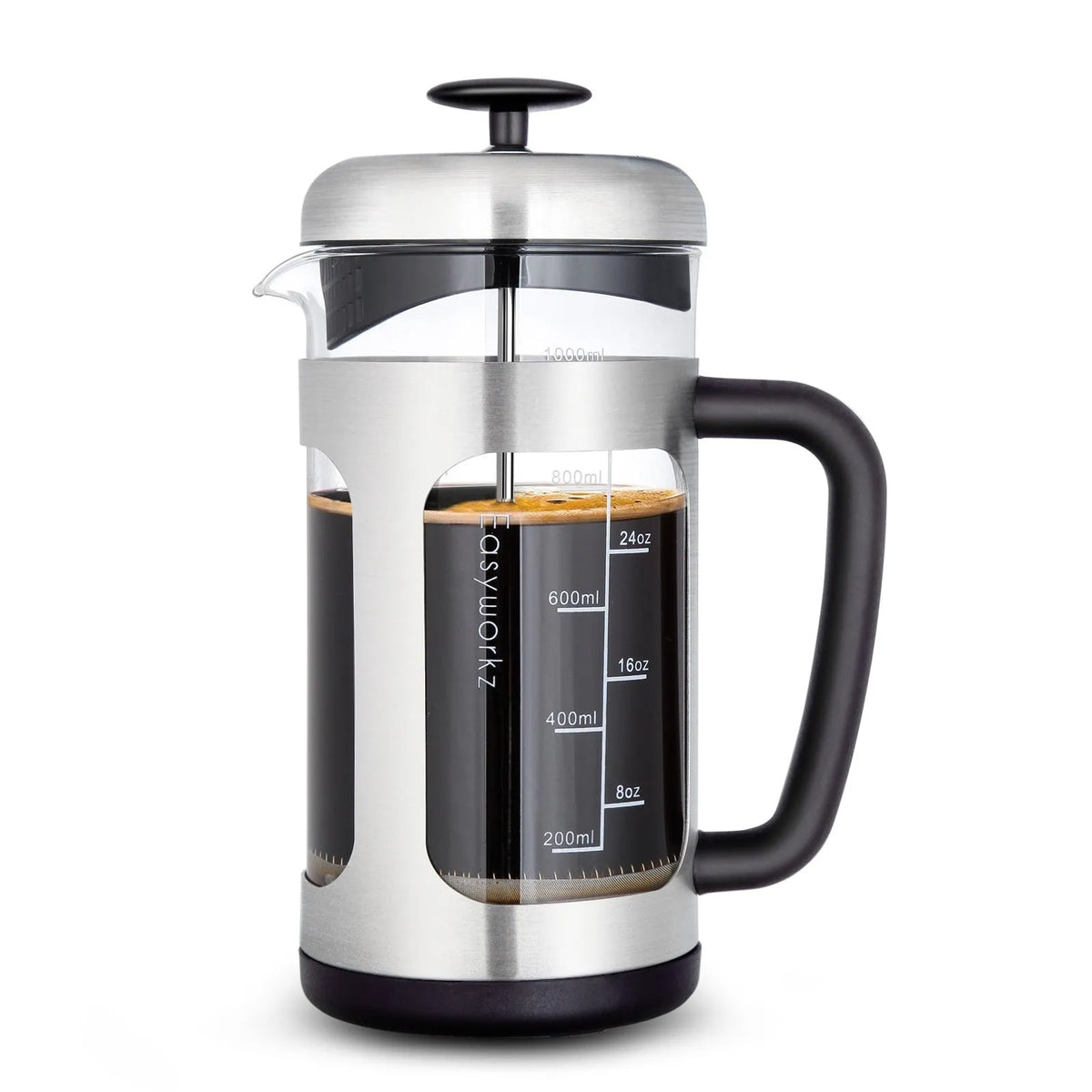 1000ml glass French press coffee maker with brewing filter and tea infuser, shown in black or light gray.