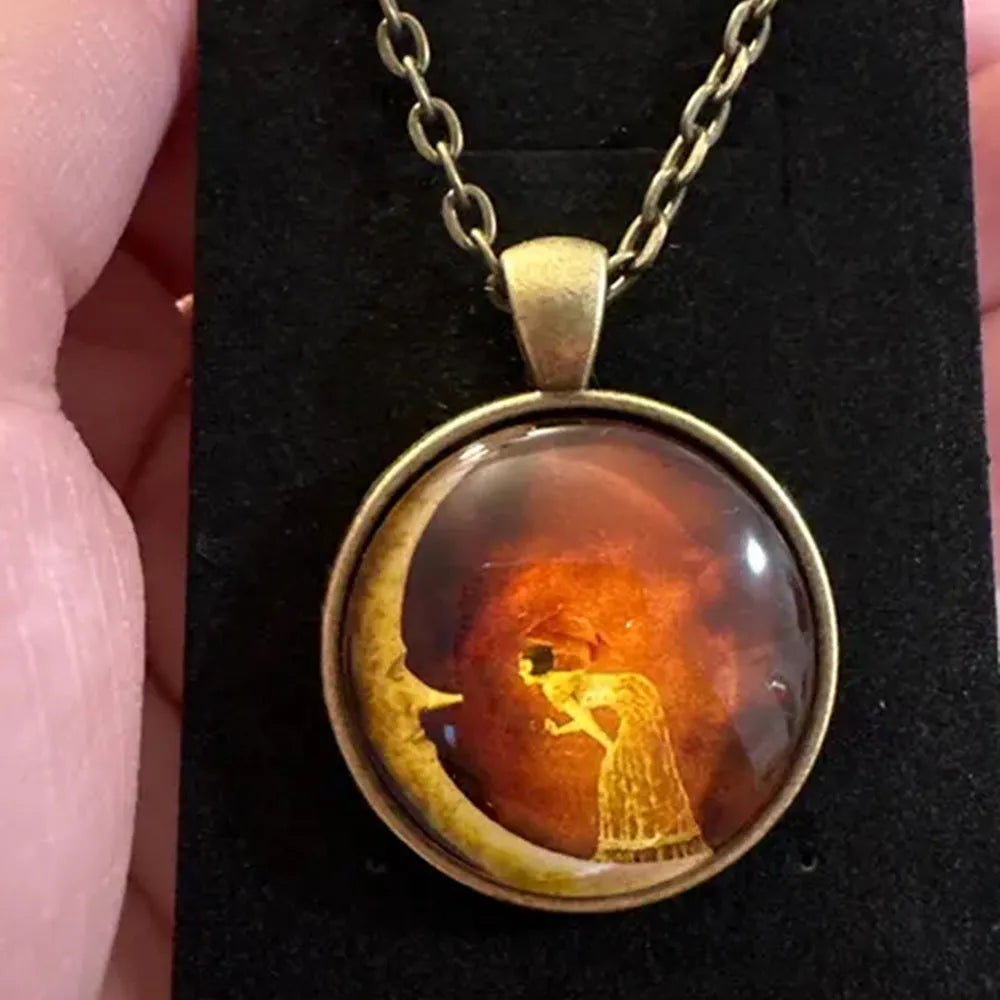 Moon Girl glass pendant necklace with time gem cabochon, alloy cross chain, silver or bronze, 51-60cm perimeter