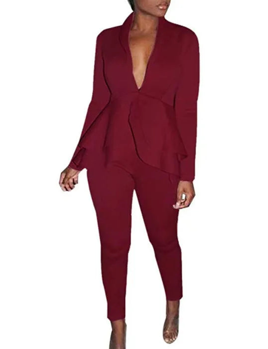 Women's ruffled air layer top and pencil pants business casual uniform set