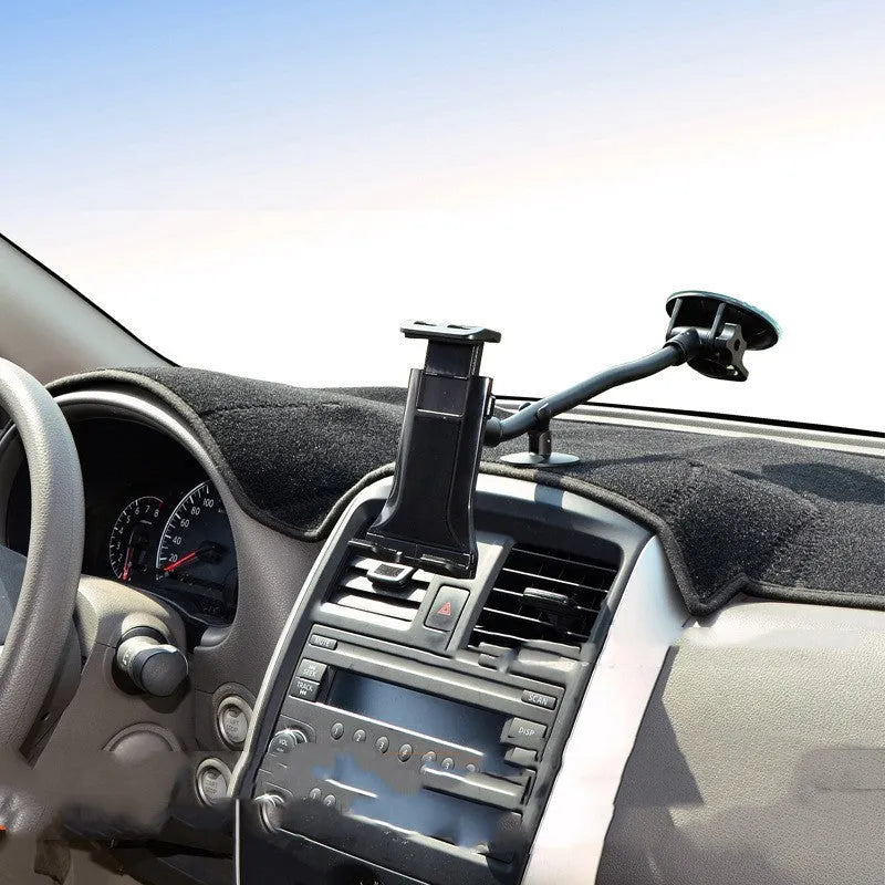 Black vehicle tablet holder with long suction cup rod for 4-12 inch tablets on car windscreen