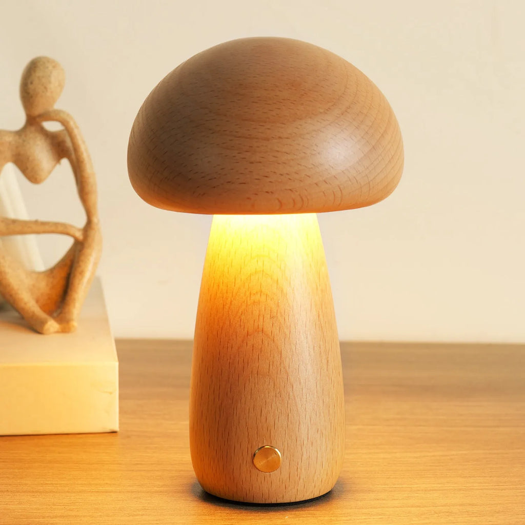 Solid wood mushroom LED table lamp in natural beech with USB power and 5 brightness settings