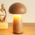 Solid wood mushroom LED table lamp in natural beech with USB power and 5 brightness settings