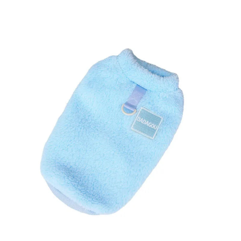 A blue coral fleece jacket for pets with five multi-coloured pull rings for adjustment on the front.